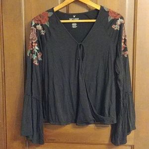 AEO Black Embroidered Wrap Top